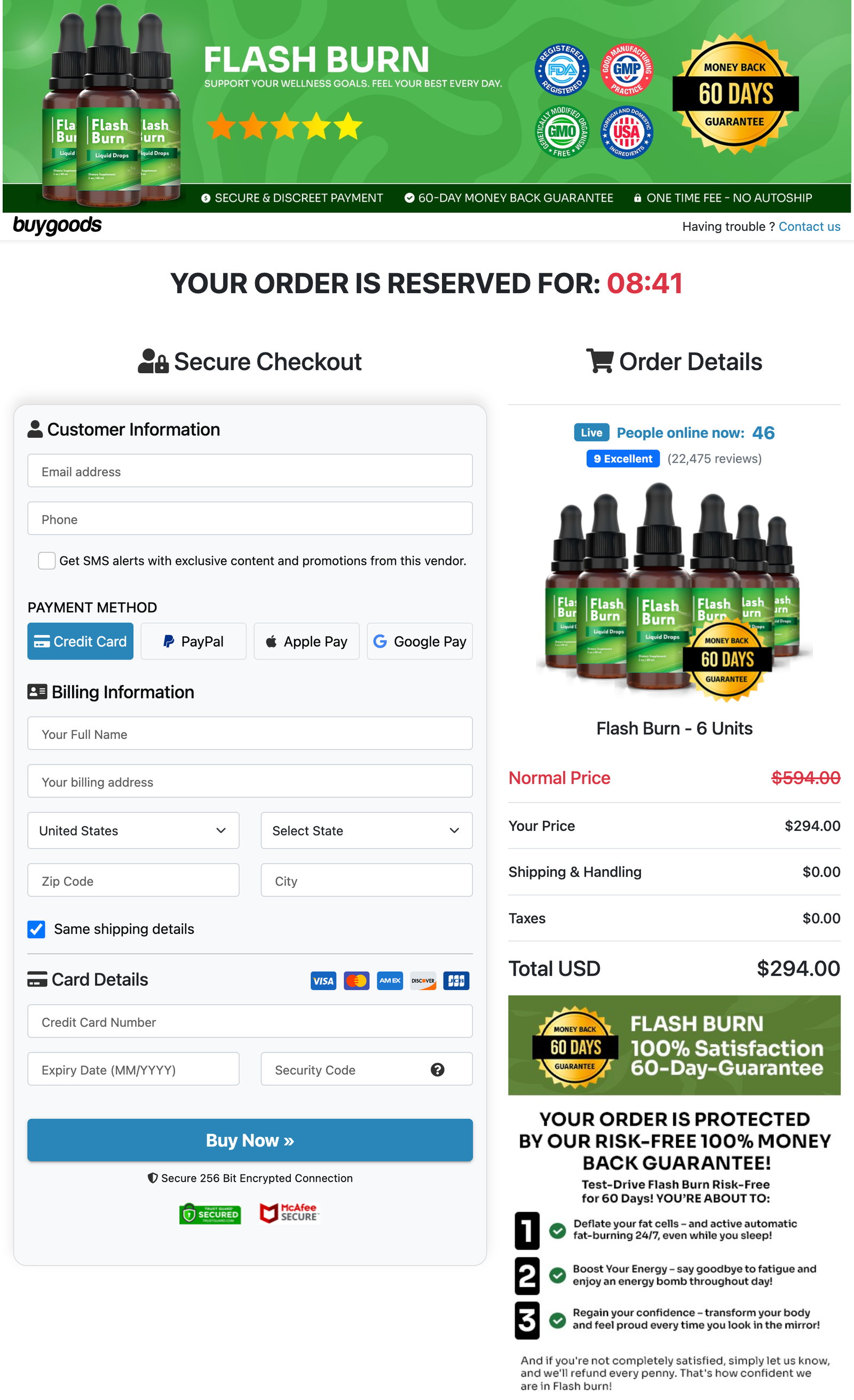 FlashBurn secure checkout page screenshot — safe encrypted order process